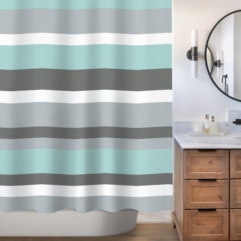 Sunlit Aqua Blue Gray Horizontal Stripes Water-Repellent Fabric Shower Curtain with Reinforced Metal Grommets Refreshing Striped Design Bathroom Decor - Image 4